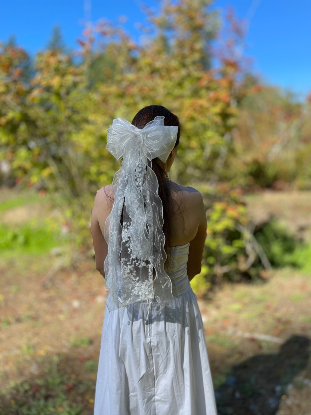 Lace Bridal Veil with Removable Organza Bow tulle embroidered Wedding Accessory - Picture 7 of 11